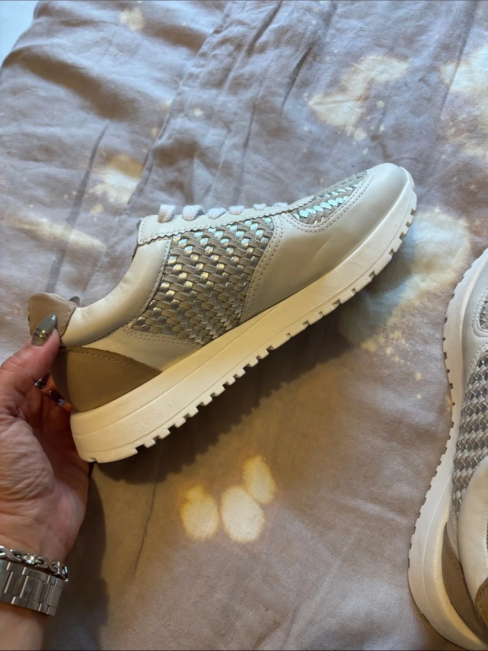 Women's Beige Lace-Up Sneakers with Iridescent Woven Detail